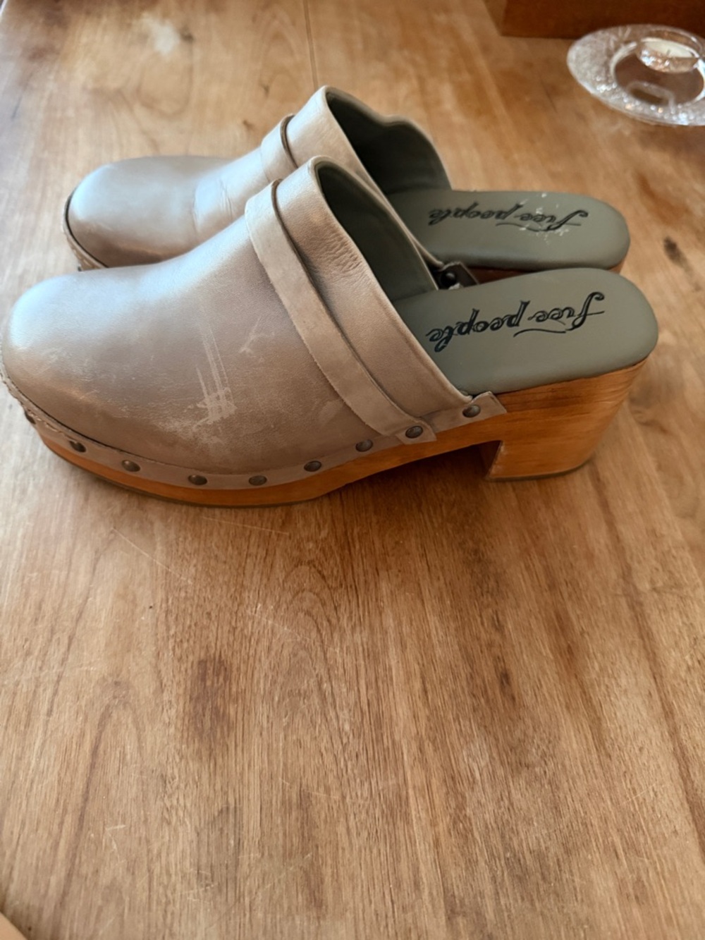 Free People Taupe Leather Studded Wooden Clog Mules